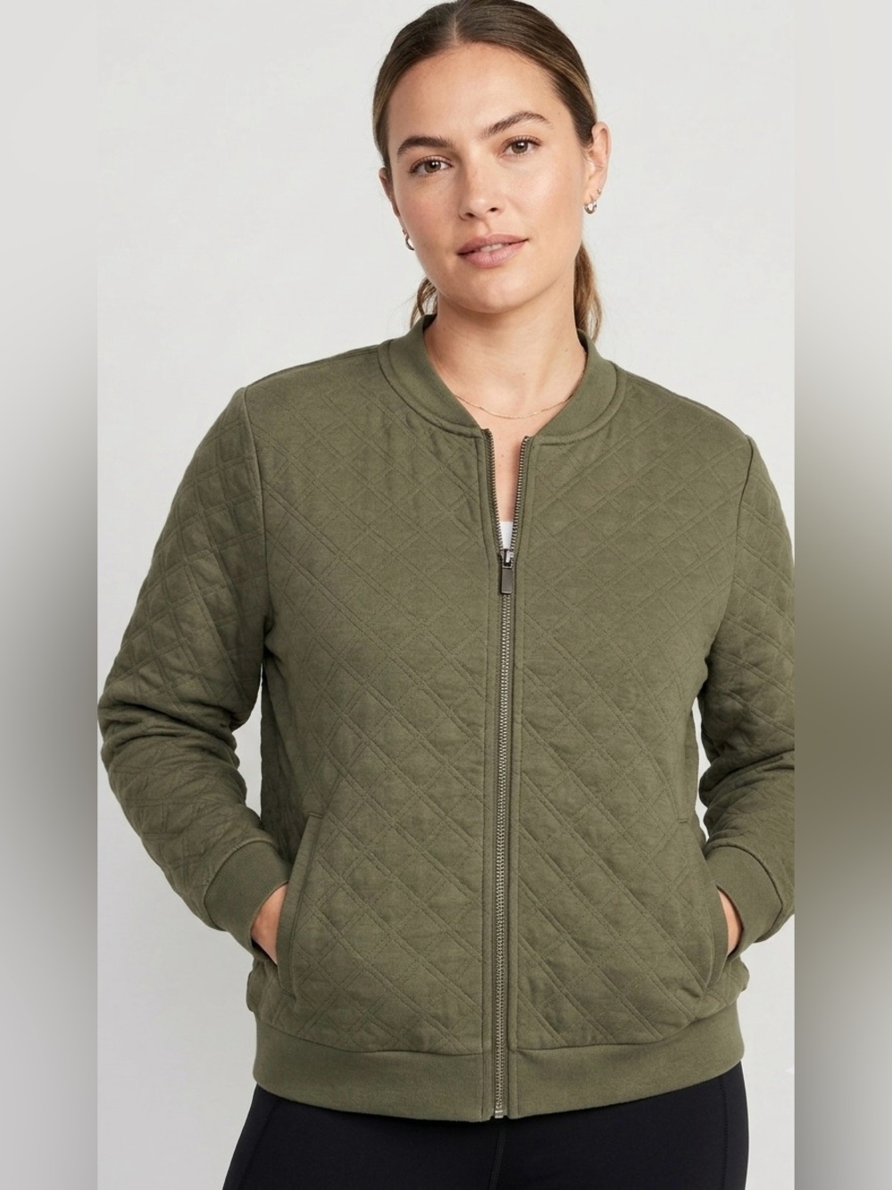 Garnet Hill Organic Cotton blend Quilted Bomber Jacket Olive Green
